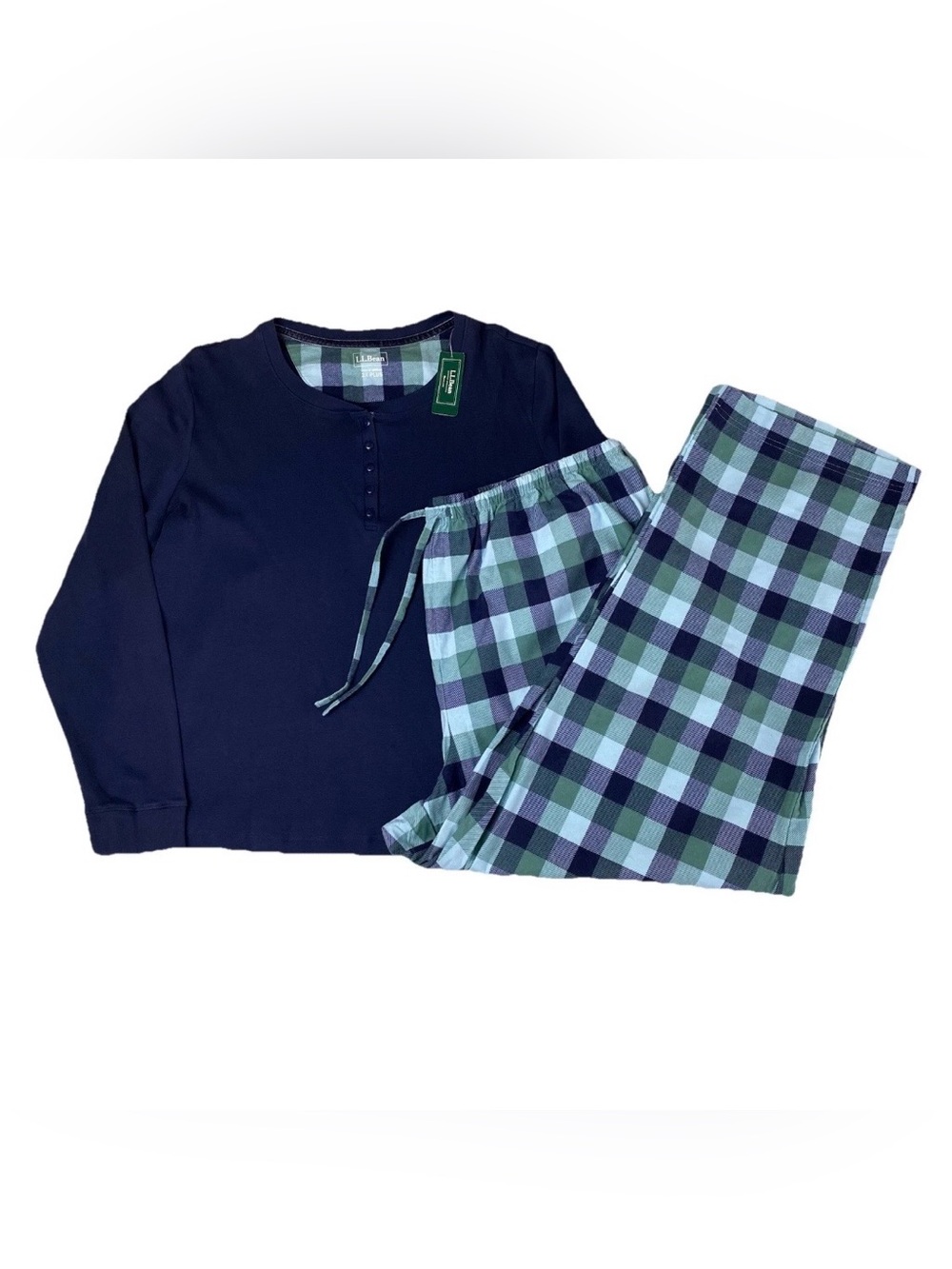 LL Bean Cozy Pajama Set Sz 2X Navy Blue Long Sleeve Top Flannel Plaid Pants NWT